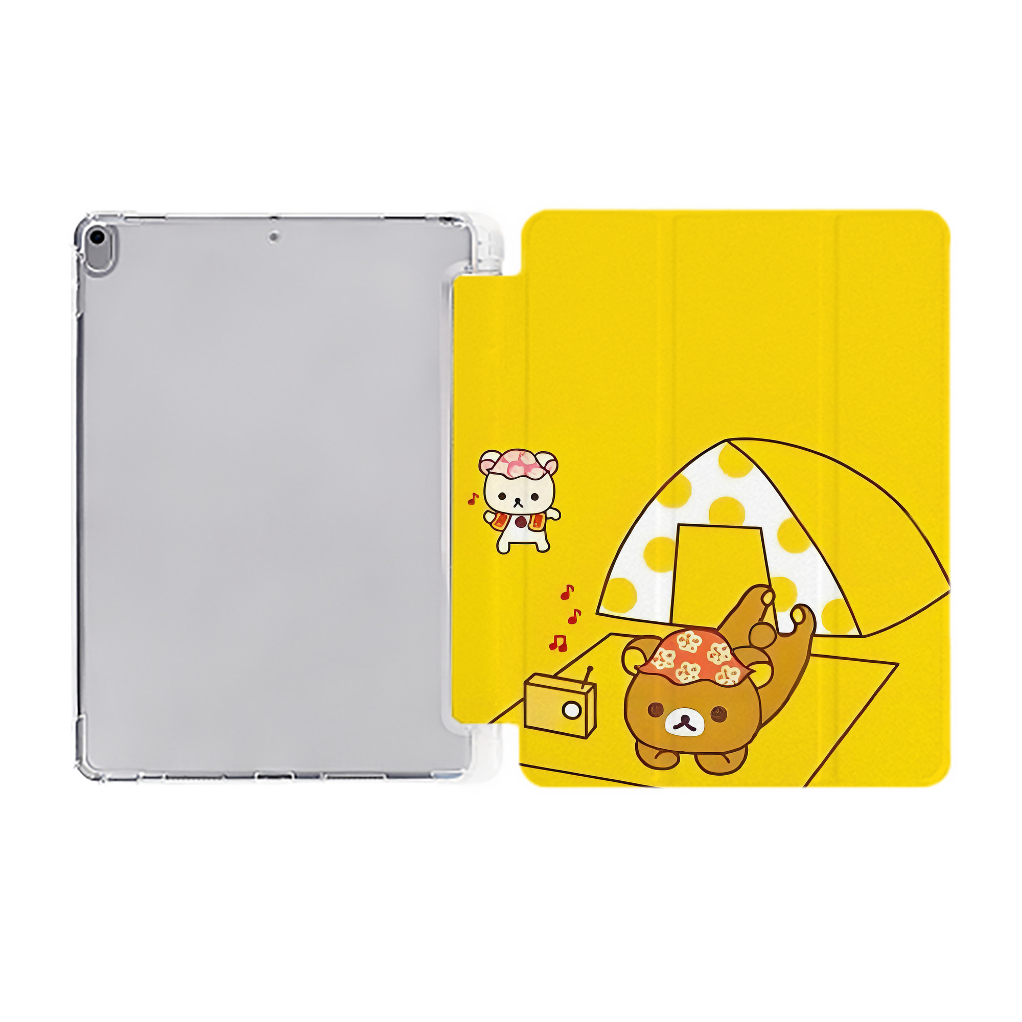 （画像用） リラックマ リラックマ キイロイトリ Rilakkuma Korilakkuma Kiiroitori IPad ケース ペン収納付き 三つ折りスタンド PUレザー×シリコン 対応機種9.5/10.5/10.9インチ